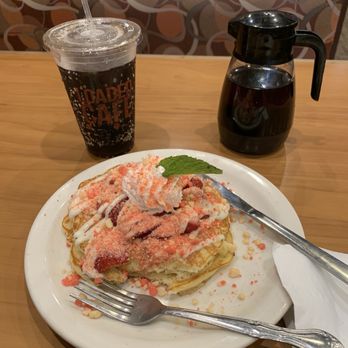 Loaded Cafe Restaurants Lawndale - Strawberry crunch pancakes and my favorite drink SODA - Burgers Near Me - Lawndale, California