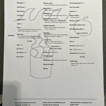 Coffee Parlor - Menu as of 8/19/22 - Coffee & Tea Near Me - Long Beach, California