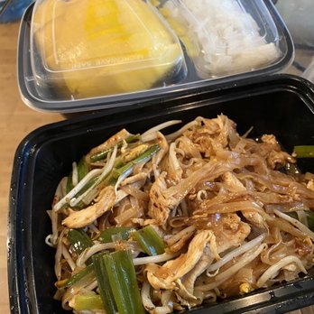 Suthathip Thai Restaurant - Our Postmates order: (bottom to top) chicken pad Thai, mango sticky rice, crispy pork fried rice - Thai Near Me - Anaheim, California Suthathip Thai Restaurant - Our Postmates order: (bottom to top) chicken pad Thai, mango sticky rice, crispy pork fried rice - Thai Near Me - Anaheim, California