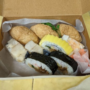 Sakae Sushi - Top row: Inari. Middle row: Saba, Tamago, Ebi. Bottom row: Nori-Maki - Japanese Near Me - Gardena, California Sakae Sushi - Top row: Inari. Middle row: Saba, Tamago, Ebi. Bottom row: Nori-Maki - Japanese Near Me - Gardena, California