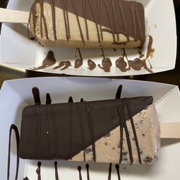 Hazelnut crunch with dark chocolate half dip (bottom) & coffee with chocolate half dip (top)