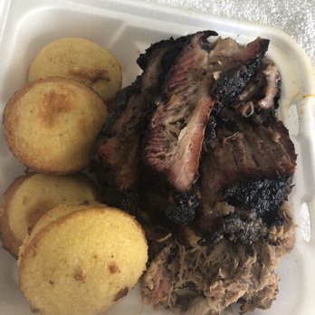 Dave's BBQ - Three meat platter. Corn muffins, brisket, ribs, pulled pork. - Barbeque Near Me - Virginia Beach, Virginia Dave's BBQ - Three meat platter. Corn muffins, brisket, ribs, pulled pork. - Barbeque Near Me - Virginia Beach, Virginia
