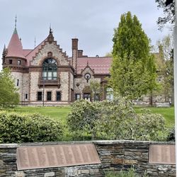 Hunnewell Park - The Castle/ City Hall in the back. The War Memorial in front dedicated to the Armed Forces @  Hunnewell Park in Wellesley MA.