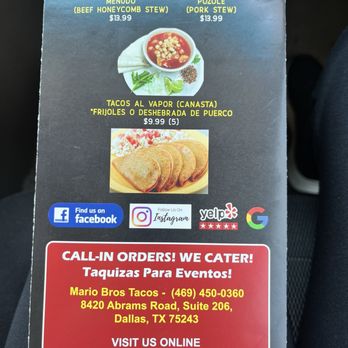 Mario Bros Tacos - Back of menu - Tacos Near Me - Dallas, Texas Mario Bros Tacos - Back of menu - Tacos Near Me - Dallas, Texas