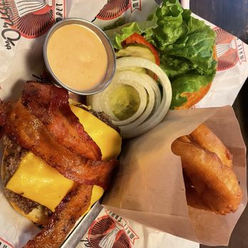 The Original Malt Shop - Loaded burger with onion rings - Burgers Near Me - Roseville, Minnesota
