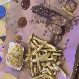 Sausage, fries, smoked mac