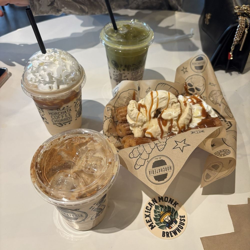 Iced Green Tea Horchata, Cajeta Frappe, Horchata Latte, Churro Sundae Iced Green Tea Horchata, Cajeta Frappe, Horchata Latte, Churro Sundae