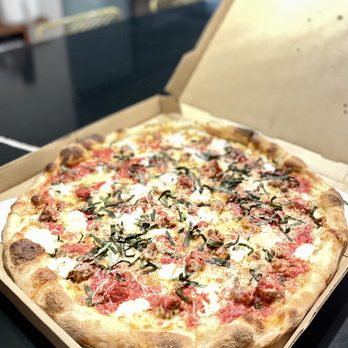 TNT Pizza - Another amazing pie! 18" NY pizza with ricotta, sausage and basil. This place needs awards. - Pizza Near Me - San Diego, California TNT Pizza - Another amazing pie! 18" NY pizza with ricotta, sausage and basil. This place needs awards. - Pizza Near Me - San Diego, California