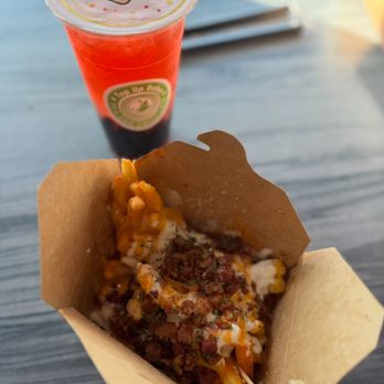 Top Up - Red Velvet and Bacon Cheese Fries (already took a bite because it's so yummy) - Bubble Tea Near Me - Alameda, California Top Up - Red Velvet and Bacon Cheese Fries (already took a bite because it's so yummy) - Bubble Tea Near Me - Alameda, California