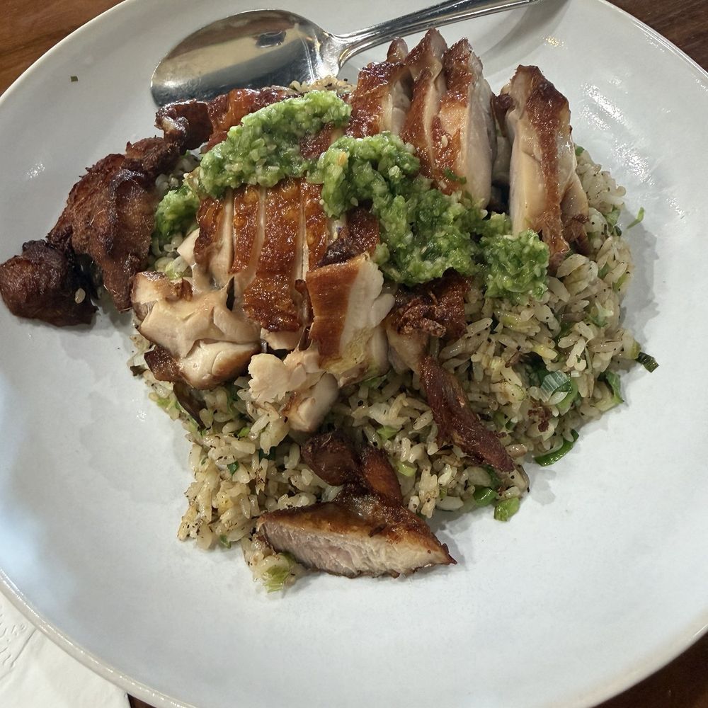 Scallion salt roasted chicken with wild mushroom fried rice Scallion salt roasted chicken with wild mushroom fried rice