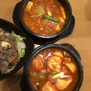 Hansik Town - Kimchi soup (top) and Deonjang jigae: soybean soup w the seafood option (bottom) - Korean Near Me - Beaverton, Oregon