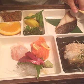 Sagami - Bento with miso black cod, sashimi, Agedashi tofu - Sushi Bars Near Me - Irvine, California