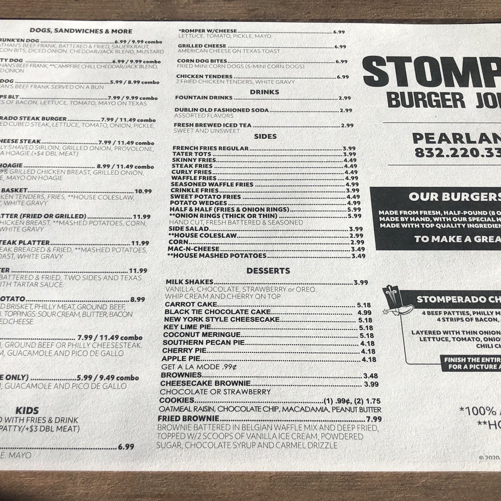 Stomp's Burger Joint 2 - Menu - Burgers Near Me - Pearland, Texas Stomp's Burger Joint 2 - Menu - Burgers Near Me - Pearland, Texas