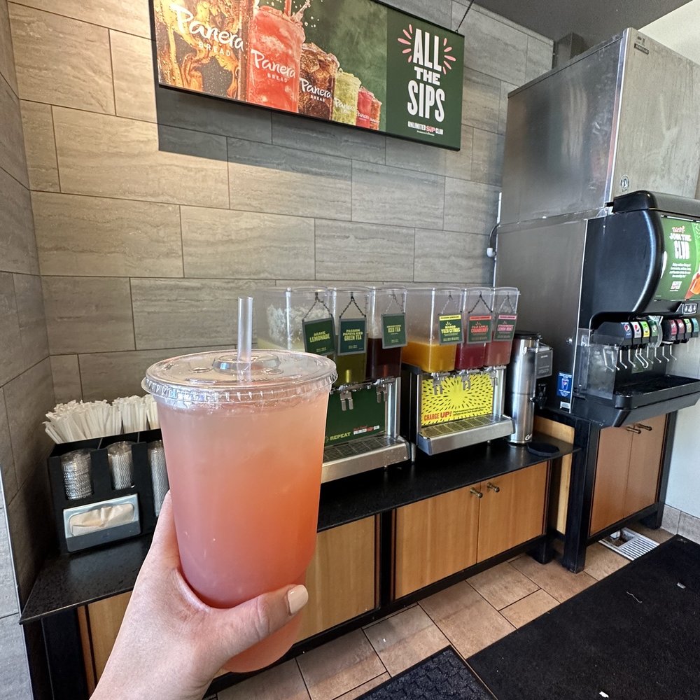 Panera Bread - Drink area and the complimentary drink they gave me while I waited for my order to be remade. My drink is the strawberry lemon mint. - Salad Near Me - Murrieta, California