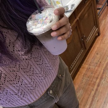 Dandelion Teahouse & Apothecary - Me matching with my Ube tea - Tea Rooms Near Me - Vancouver, Washington