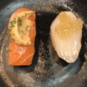 Sushi Sasabune - Salmon from Scotland and i forge the other fish but a delightful pepper jelly on top - Sushi Bars Near Me - Honolulu, Hawaii Sushi Sasabune - Salmon from Scotland and i forge the other fish but a delightful pepper jelly on top - Sushi Bars Near Me - Honolulu, Hawaii