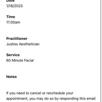 Prima Med - An email reminder for an appointment at Justiss Aesthetic, scheduled for January 18, 2023, at 11:00 am for a 60-minute facial treatment. - Skin Care Near Me - Algonquin, Illinois