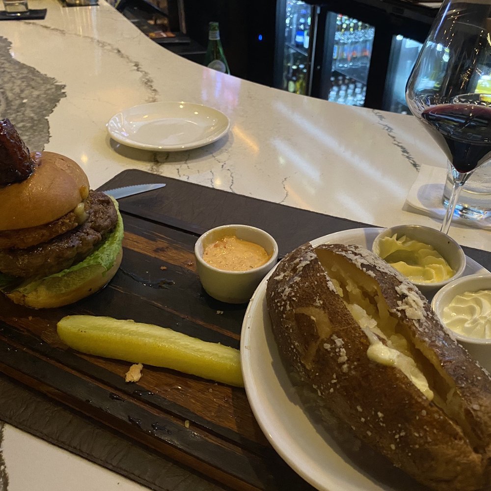 Cuts Steakhouse - Fried Gouda cheese burger with a massive baked potato! - Steakhouses Near Me - Suwanee, Georgia