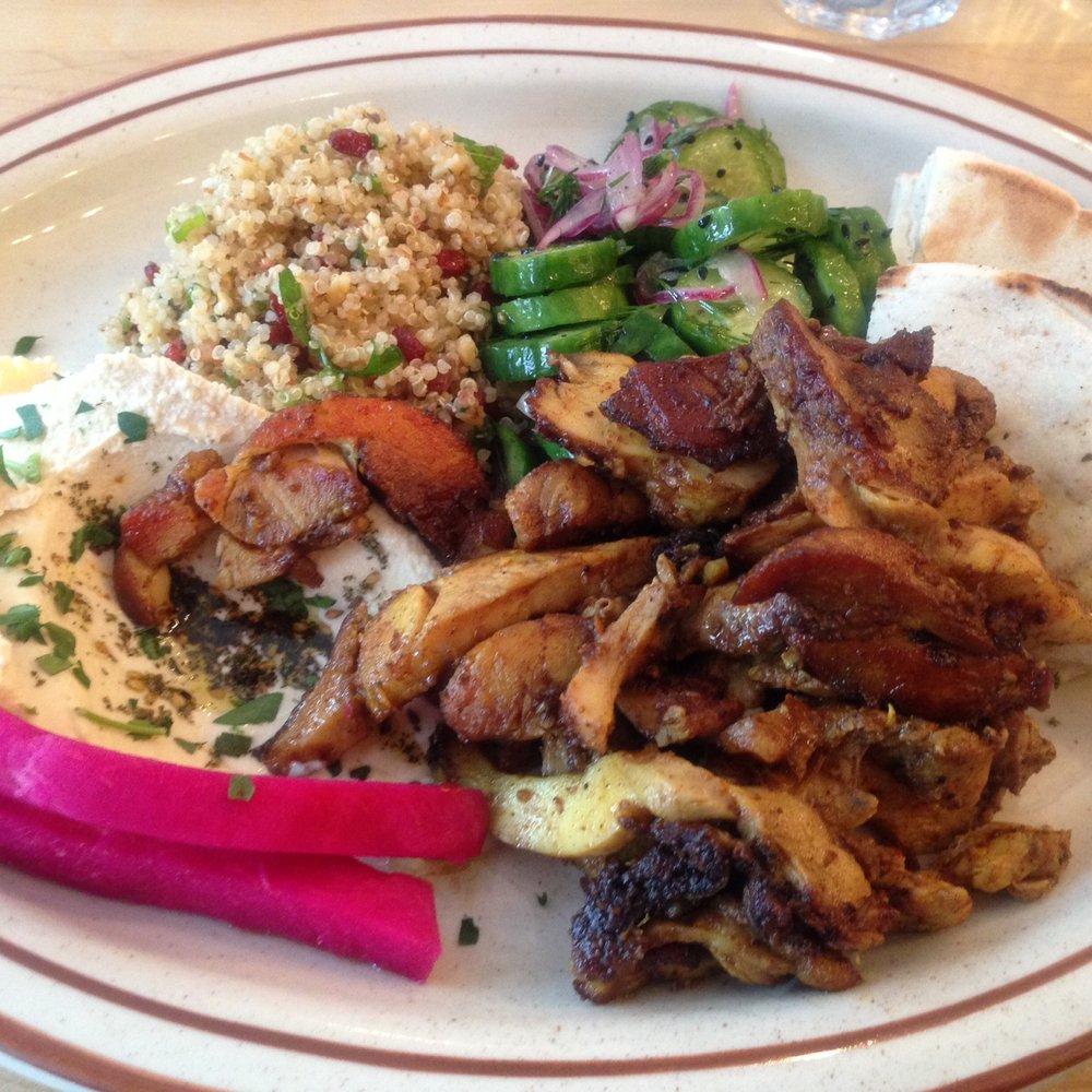 Sumac - chicken Shawarma plate $16 with cucumber and quinoa salad - Middle Eastern Near Me - Montreal, Quebec Sumac - chicken Shawarma plate $16 with cucumber and quinoa salad - Middle Eastern Near Me - Montreal, Quebec