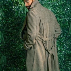 Giorgenti - Brown herringbone custom overcoat with a longline drape and silhouette.