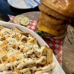 Castings Public House - The Smoke Stack Burger with a side of garlic Parmesan fries.