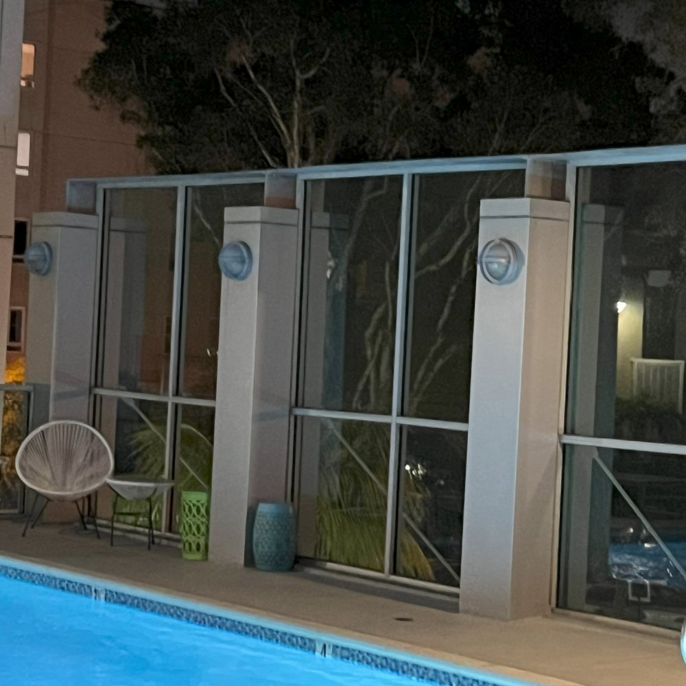 Lightbulbs at the pool area have been out for nearly a year. Lightbulbs at the pool area have been out for nearly a year.