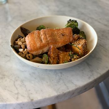 Flower Child - Spicy Japanese Eggplant, Red Chile Glazed Sweet Potato, Broccoli with Parmesan with Salmon - New American Near Me - Phoenix, Arizona
