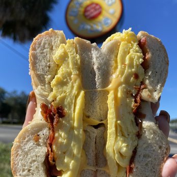 Bagels Plus - Bacon, egg and cheese on an everything bagel - Bagels Near Me - Tampa, Florida Bagels Plus - Bacon, egg and cheese on an everything bagel - Bagels Near Me - Tampa, Florida