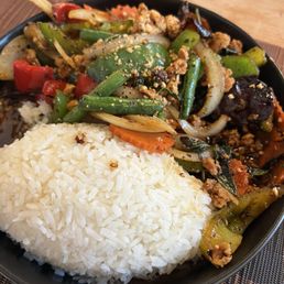 Ga Prow Sparkle - A dish featuring stir-fried vegetables and ground meat served with white rice at Chai Yo in Santa Fe, NM.