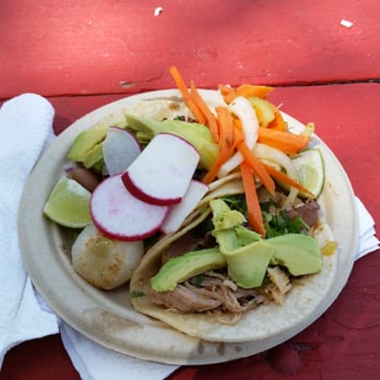 Tacos Dos Hermanos - Beef and chicken tacos with avocado, he threw some aged in vinegar veggies. Just wonderful. - Mexican Near Me - Vallejo, California
