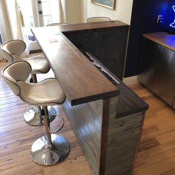 Anything Wood - Bar with walnut countertop and cedar tongue and groove painted with semi transparent blue paint (stain) to match our decor - Carpenters Near Me - Sevierville, Tennessee Anything Wood - Bar with walnut countertop and cedar tongue and groove painted with semi transparent blue paint (stain) to match our decor - Carpenters Near Me - Sevierville, Tennessee
