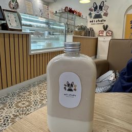 a bottle of milk sitting on a table