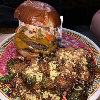 Phat Sammy's - K-Mac burger with fried Brussel sprouts - Tiki Bars Near Me - Huntsville, Alabama