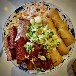 Grilled Pork and Crispy Egg Rolls bun bowl