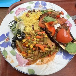 Silk Road Cafe - Aubergine Stuffed with Lamb and choice of two sides