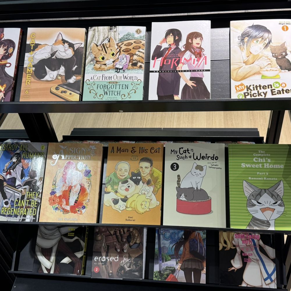 Manga Spot - Employee recommendation section shows a dozen-ish manga volumes, most of them cat-themed - Bookstores Near Me - Chicago, Illinois Manga Spot - Employee recommendation section shows a dozen-ish manga volumes, most of them cat-themed - Bookstores Near Me - Chicago, Illinois