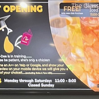 Chick-A-Dee - show 5 stars you gave and you get free sweet black tea - The sign promotes Chick-A-Dee's soft opening, highlighting a free sweet black iced tea with a main dish purchase from 11:00 to 3:00. It includes a graphic of a large glass of iced tea and a cartoon teardrop, with text about training and a review incentive. The hours of operation are listed as Monday through Saturday from 11:00 to 8:00, closed on Sundays. - Asian Fusion Near Me - Phoenix, Arizona