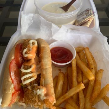 Storming Crab - Couldn't wait for the photo - Half-eaten Oyster Poboy and Clam Chowder - Seafood Near Me - Henderson, Nevada
