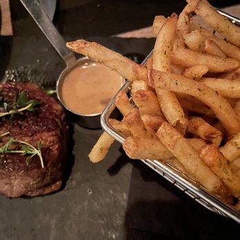 Beeside Balcony - Filet Mignon and Fries: soggy fries, under-seasoned filet and peppercorn sauce - Mediterranean Near Me - Del Mar, California Beeside Balcony - Filet Mignon and Fries: soggy fries, under-seasoned filet and peppercorn sauce - Mediterranean Near Me - Del Mar, California