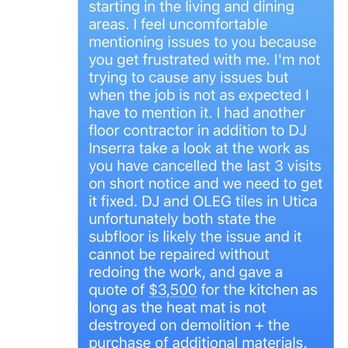 JC’s Contracting - Giving contractor feedback as he could not determine what the issue was with the floor he installed. Mad I got 2nd opinion. - Masonry/Concrete Near Me - Poland, New York JC’s Contracting - Giving contractor feedback as he could not determine what the issue was with the floor he installed. Mad I got 2nd opinion. - Masonry/Concrete Near Me - Poland, New York
