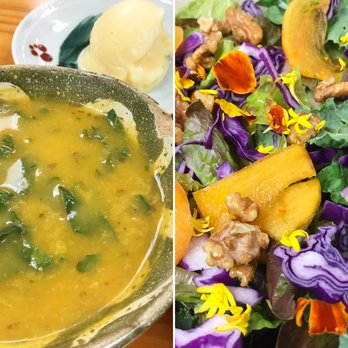 Roots Cafe - Kabocha kale soup, salad with persimmon and candied walnuts, sorbet. All vegan - Cafes Near Me - Honolulu, Hawaii Roots Cafe - Kabocha kale soup, salad with persimmon and candied walnuts, sorbet. All vegan - Cafes Near Me - Honolulu, Hawaii