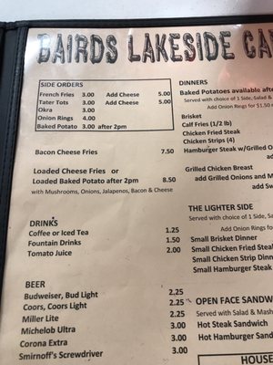 Menu photo 1 Bairds Lakeside Cafe Canton, OK