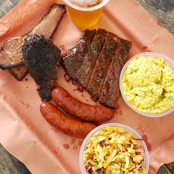 la Barbecue - Brisket, regular and jalapeño sausages, pork ribs and potato salad, Chipotle Slaw - Barbeque Near Me - Austin, Texas la Barbecue - Brisket, regular and jalapeño sausages, pork ribs and potato salad, Chipotle Slaw - Barbeque Near Me - Austin, Texas