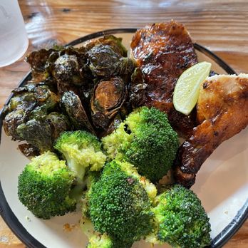WILDBIRD - Quarter chicken ( dark meat: leg and thigh), brussel sprouts ($1 up charge for premium sides) and broccoli. - Chicken Shop Near Me - Los Angeles, California