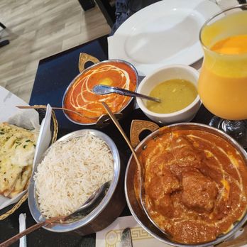 Himalayan Aroma Restaurant - Left Cheese Garlic Naan Top Butter Chicken Bottom Rice RightLamb Tikka Masala Center Lentil Soup Right Mango Lassi - Himalayan/Nepalese Near Me - Corona, California Himalayan Aroma Restaurant - Left Cheese Garlic Naan Top Butter Chicken Bottom Rice RightLamb Tikka Masala Center Lentil Soup Right Mango Lassi - Himalayan/Nepalese Near Me - Corona, California