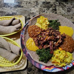 Mammy’s Dish Ethiopian Restaurant and Bar - Veggie Plate + Lamb Tibs + Injera