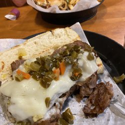Italian Beef. Bacon cheeseburger with fries.