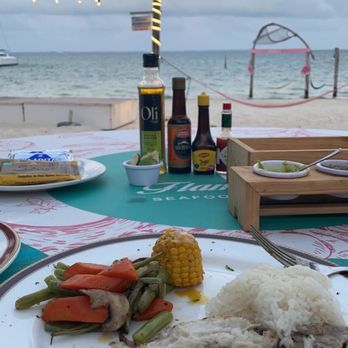 Flamingos Seafood Kitchen - Catch of the day, grouper grilled with yummy vegetables and rice! - Seafood Near Me - Cancún, ROO