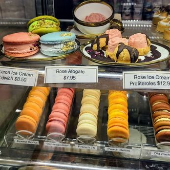 Rocheli Patisserie - Macaron ice cream sandwiches with gold leaf, rose afogato, and rose ice cream profiteroles-pure edible art. - Bakeries Near Me - Austin, Texas