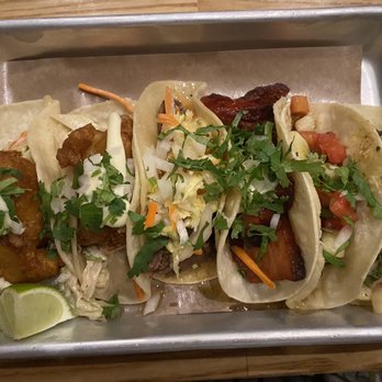 Hudson Taco - Left to right: Baja Fish Taco, Korean BBQ Shortrib Taco, HV Pork Belly taco, Ancho Skirt Steak Taco - Tacos Near Me - Newburgh, New York